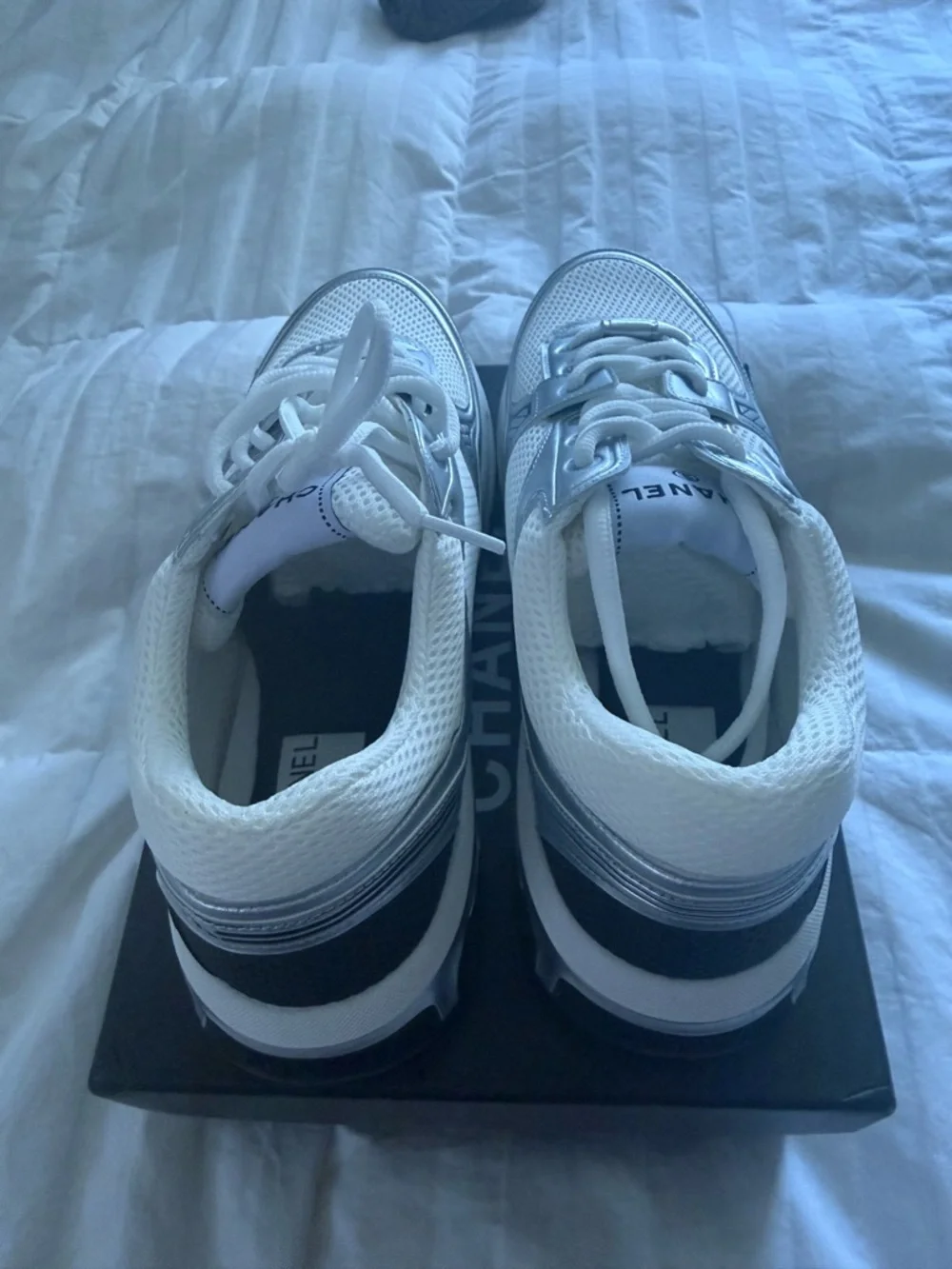 CHANEL Silver & White Mesh Runner Sneakers - Picture 4 of 5